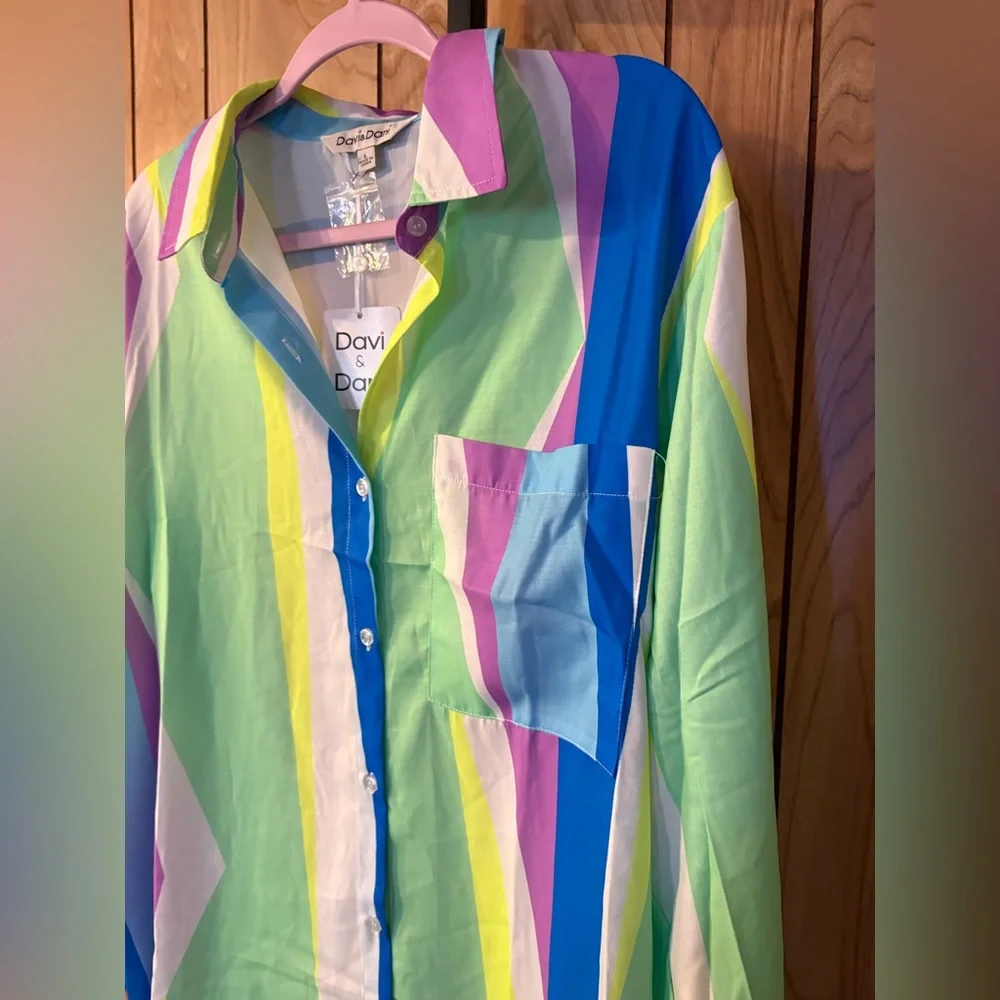 Davi & Dani Striped Button Front Tunic Top Cover Up - Picture 2 of 3
